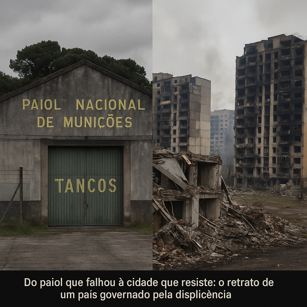 Montagem visual: paiol de Tancos e prédios destruídos em Kiev
