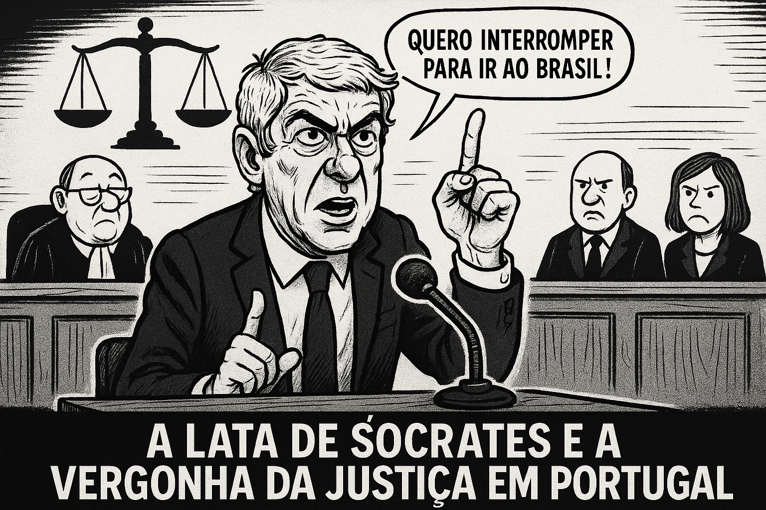 Cartoon satírico: arguido pede pausa no tribunal para viajar ao Brasil