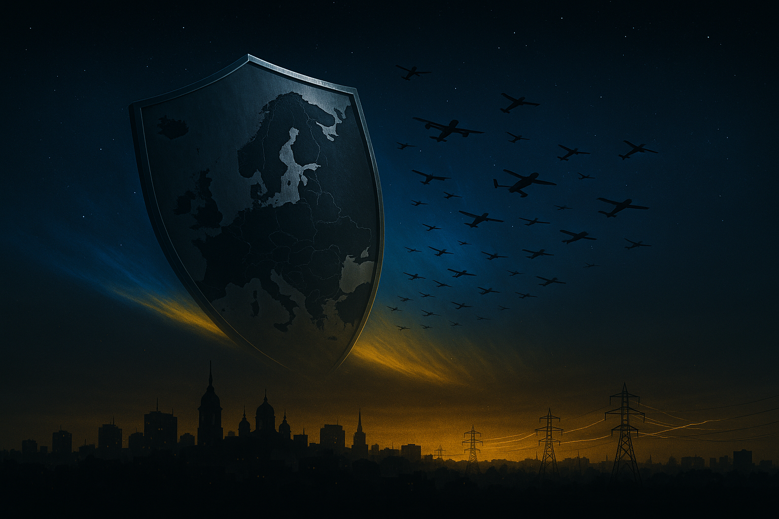 Noite em Kyiv; drones ao longe e um escudo europeu estilizado sobre a cidade