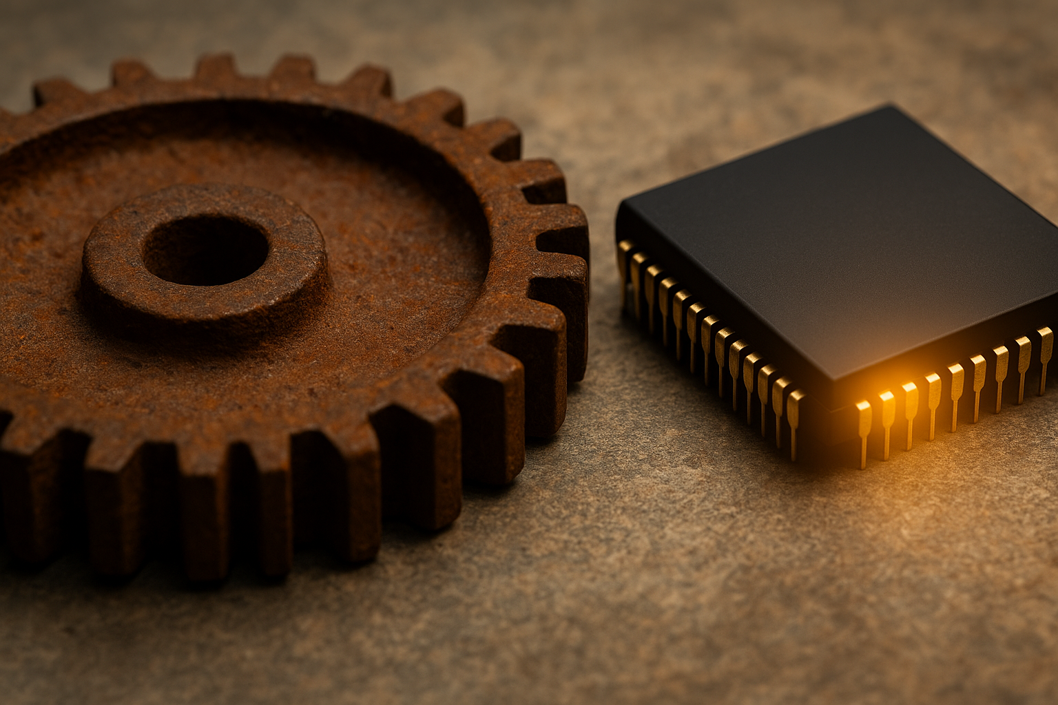 Engrenagem enferrujada ao lado de um microchip moderno