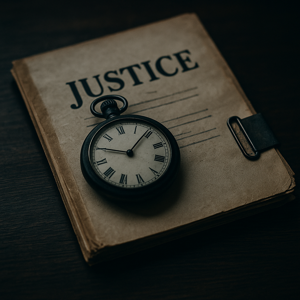 Relógio parado sobre um processo judicial — símbolo da justiça adiada
