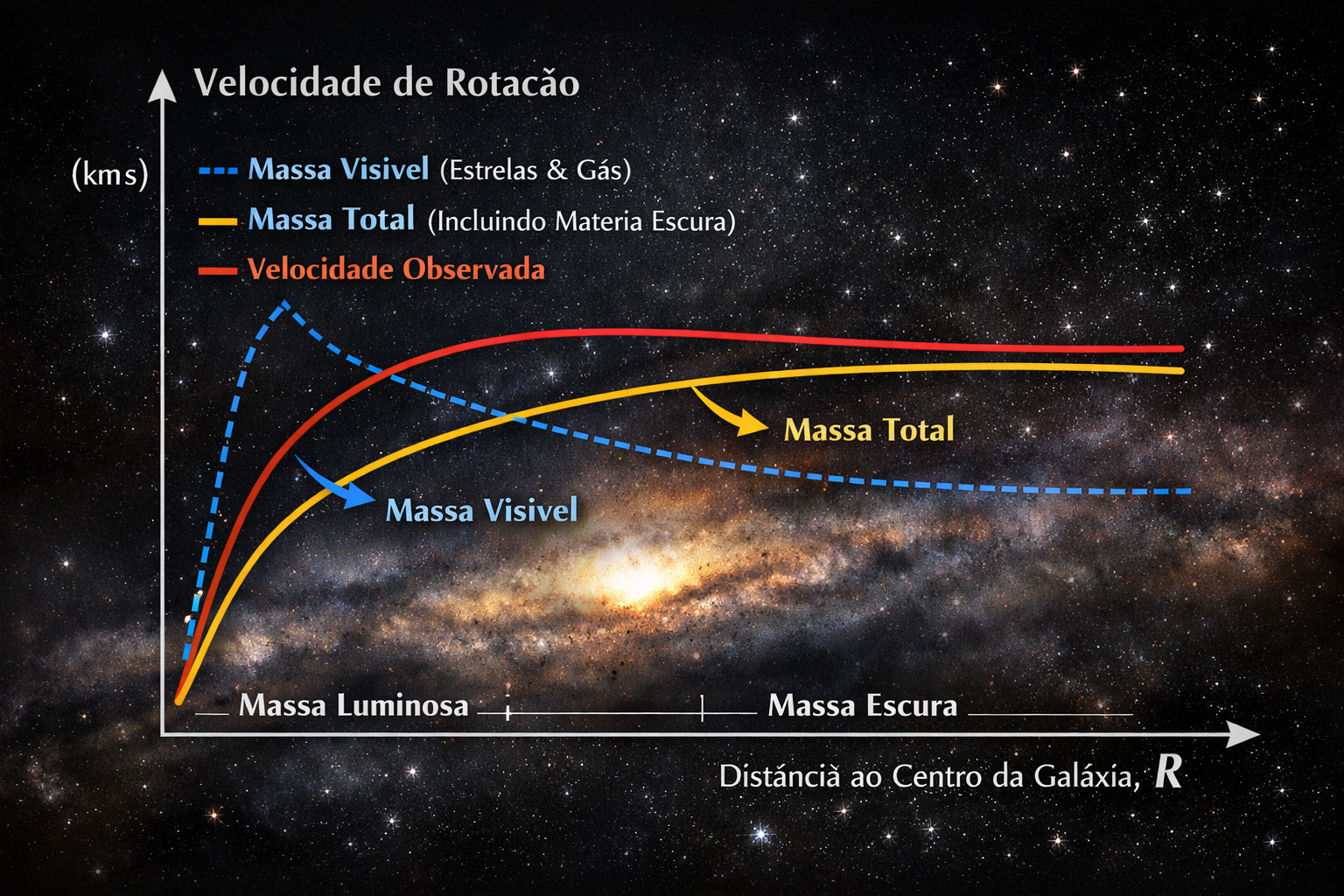 Diagrama ilustrativo de curva de rotação galáctica: massa visível vs massa total