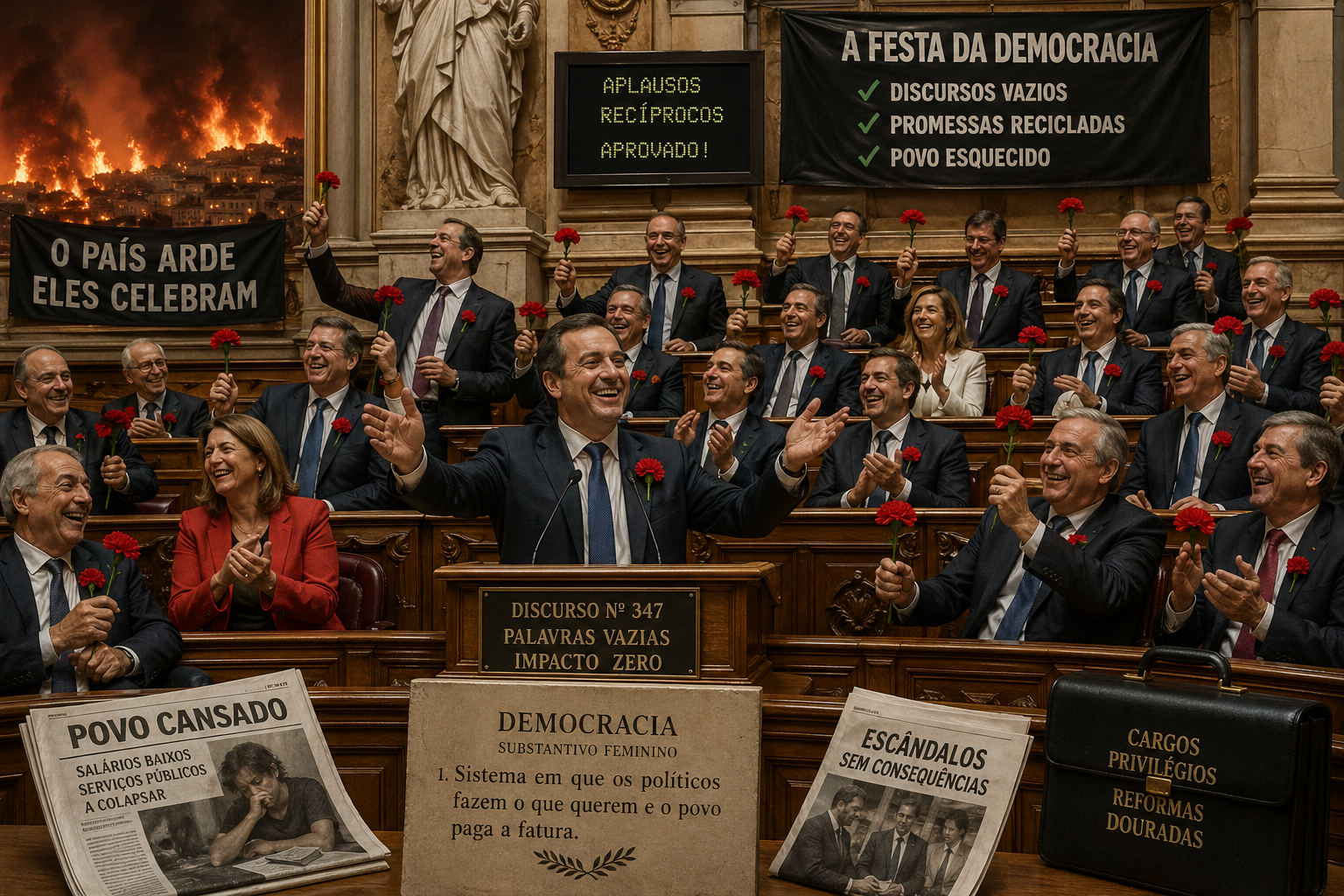 Políticos na Assembleia da República com cravos, sorrisos e discursos vazios