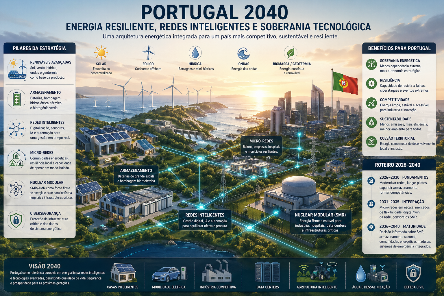 Pequeno reator modular num cenário industrial ao lado de painéis solares e turbinas eólicas