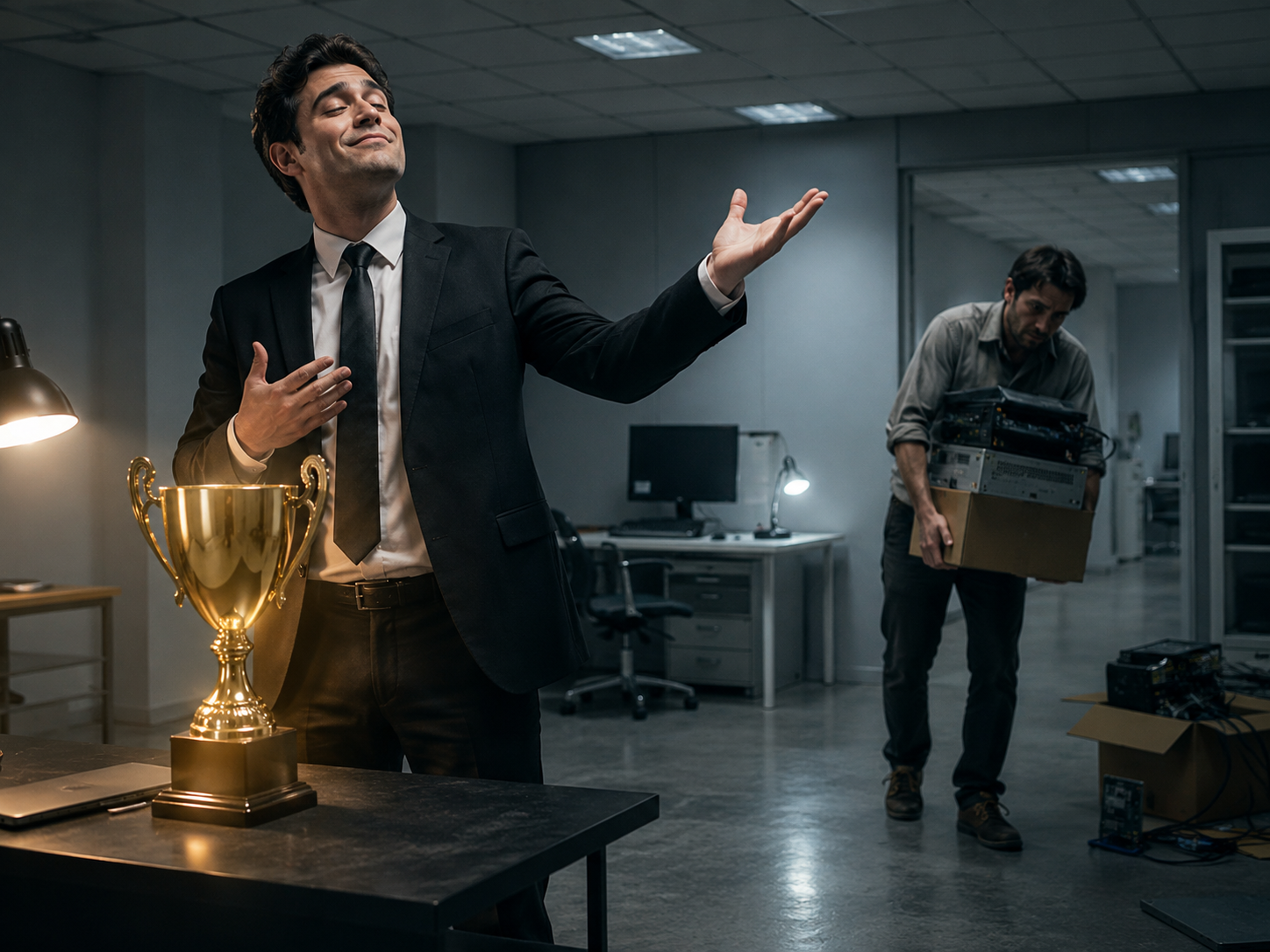 Pessoa em fato a gesticular junto de um troféu, enquanto ao fundo um técnico cansado carrega caixas de equipamento