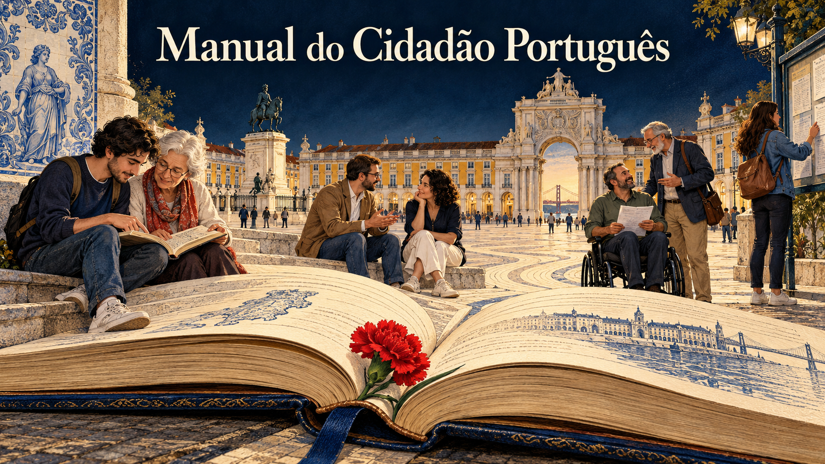 Capa do Manual do Cidadão Português: um cravo vermelho nasce de um livro aberto diante de uma praça com cidadãos.