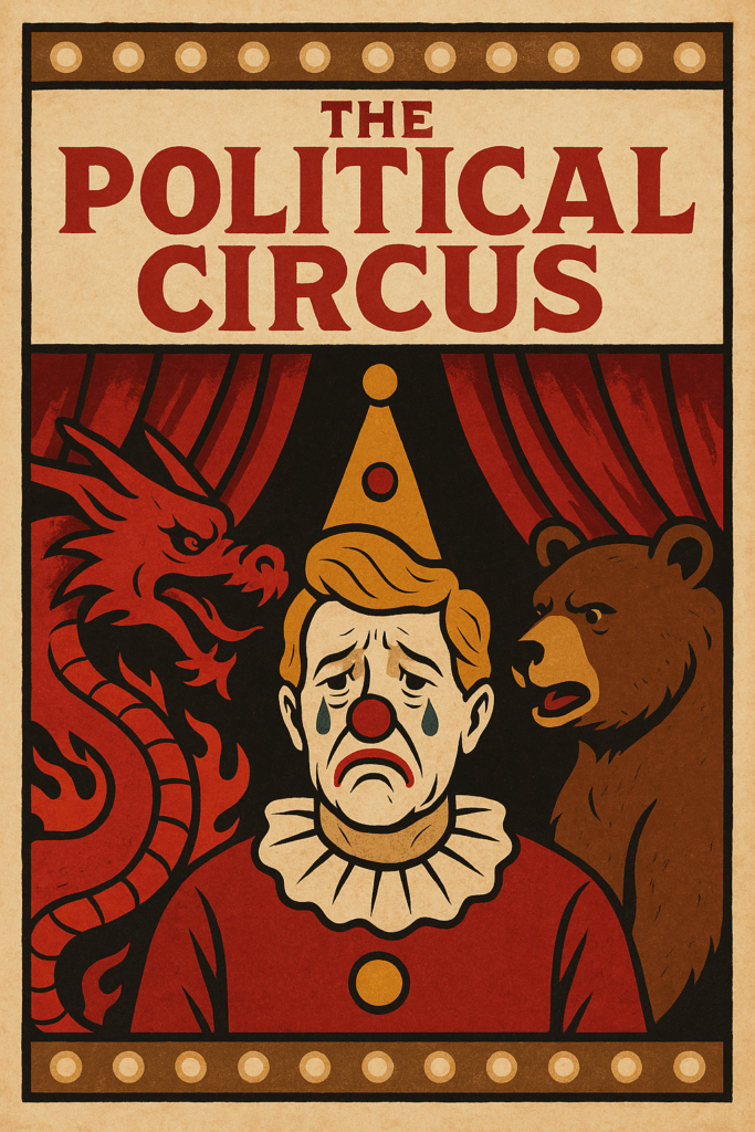 Ilustração editorial: 🎪 O Grande Circo Trump: Ursos Russos, Dragões Chineses e o Palhaço-Mor