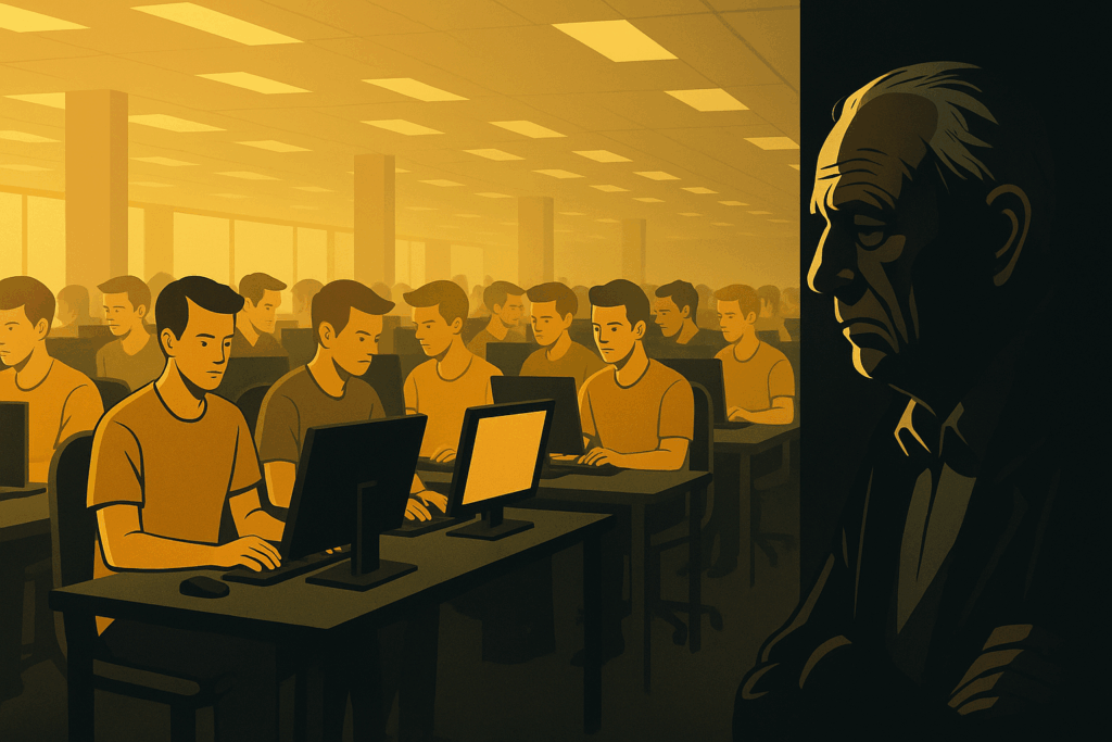 Ilustração editorial: O Novo Culto Corporativo: Juventude, Vaidade e a Morte da Experiência