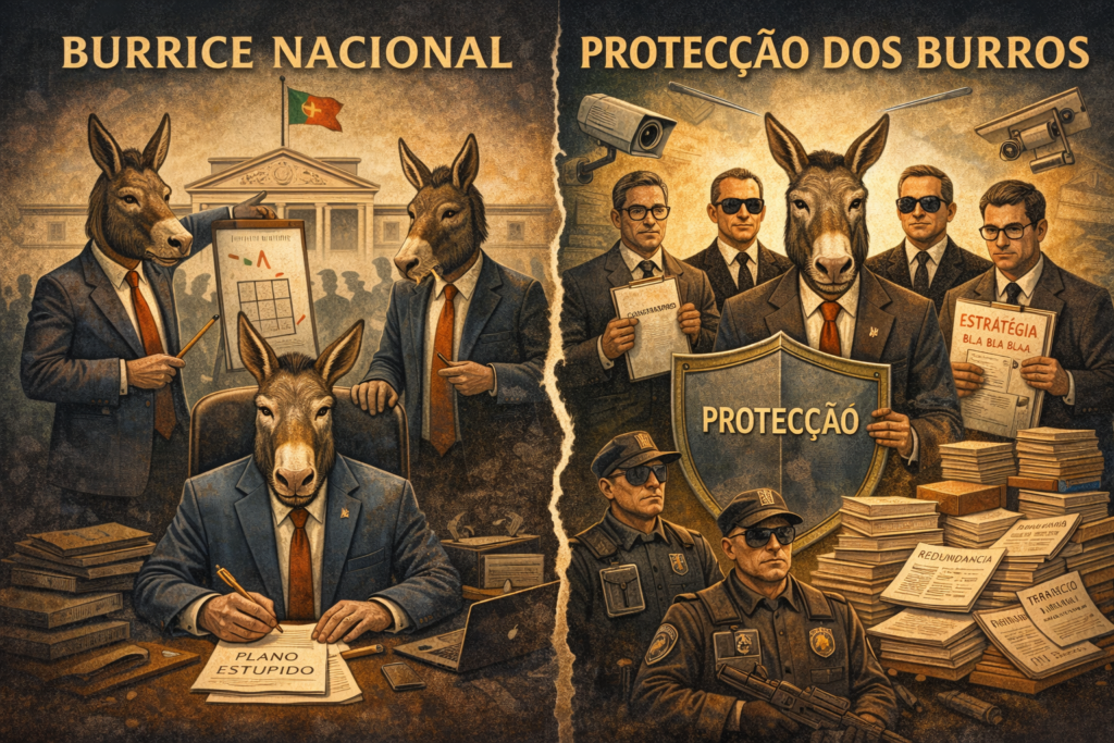 Ilustração editorial: A Burrice Nacional e a Protecção dos Burros — um património imaterial com escolta