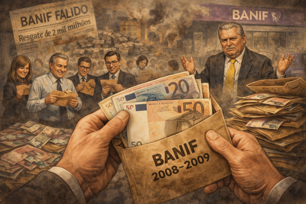 Ilustração editorial: O Banco dos Envelopes: anatomia de uma falência anunciada