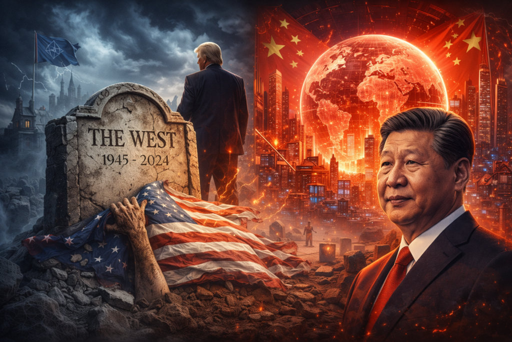 Ilustração editorial: O Ocidente “faleceu” de doença prolongada: ‘America First’, a erosão da confiança e o avanço paciente da China