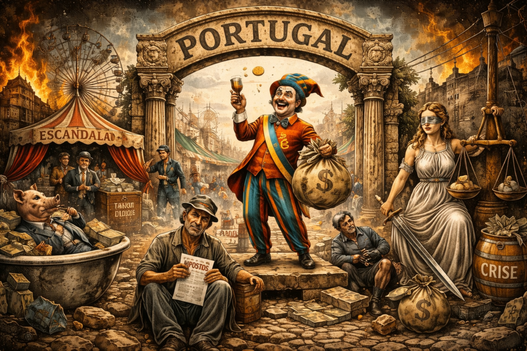Ilustração editorial: Portugal, País-Espectáculo: Manual Breve de Humor Negro para Sobreviventes