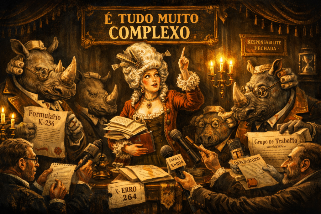 Ilustração editorial: A Conferência de Imprensa do Rinoceronte Administrativo