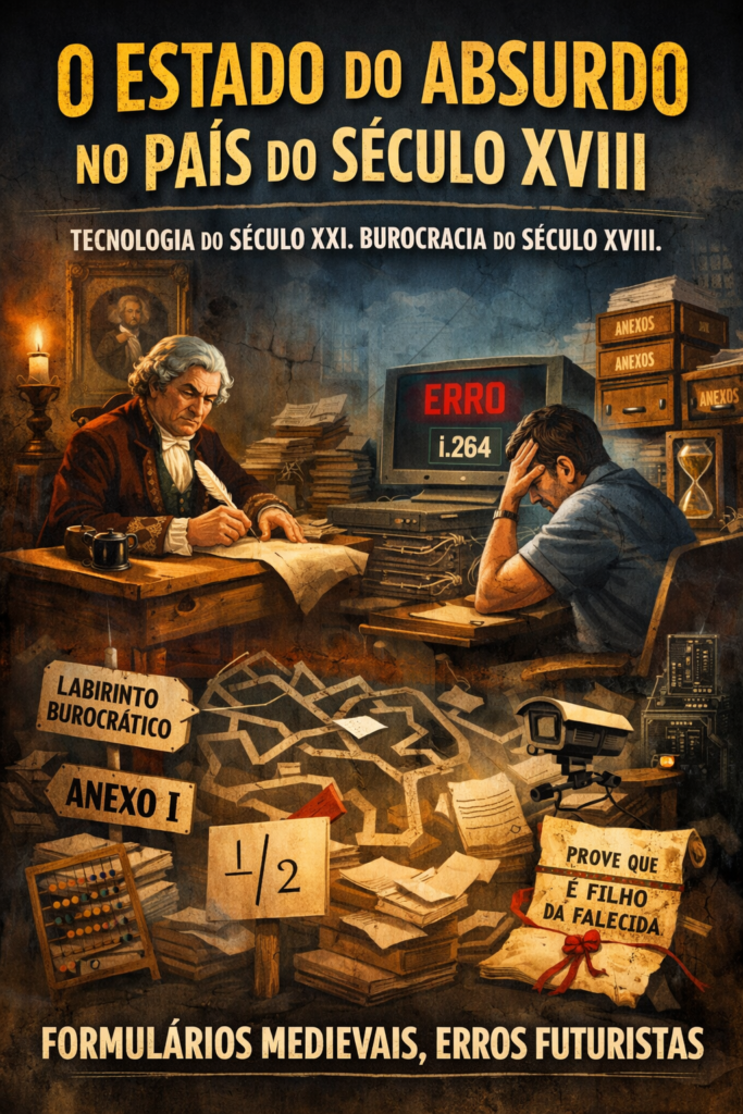 Ilustração editorial: Burocracia Digital: O Papel Electrificado do Século XIX