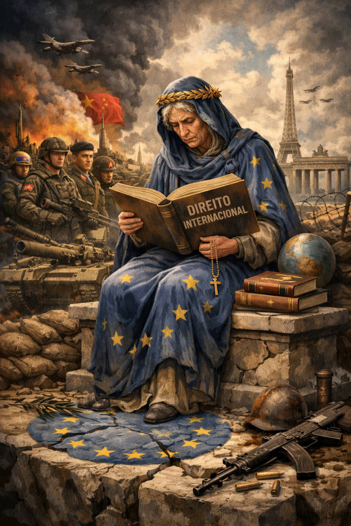 Ilustração editorial: Crónica dura e irónica sobre a Europa que recita o direito internacional enquanto o mundo se rearma e acelera