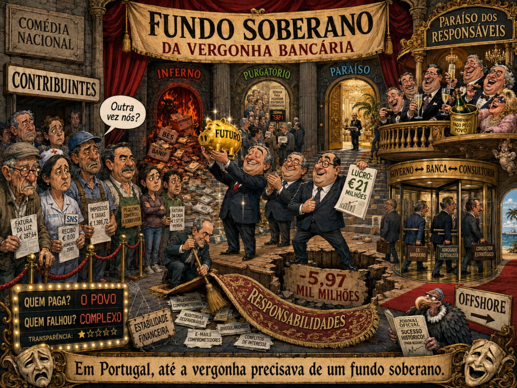 Ilustração editorial: Portugal: O Fundo Soberano da Vergonha Bancária