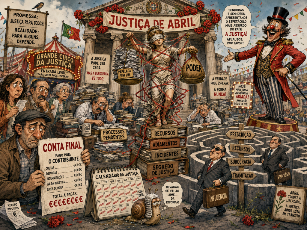 Ilustração editorial: A Justiça Portuguesa em 2026: Manual de sobrevivência para contribuintes ingénuos