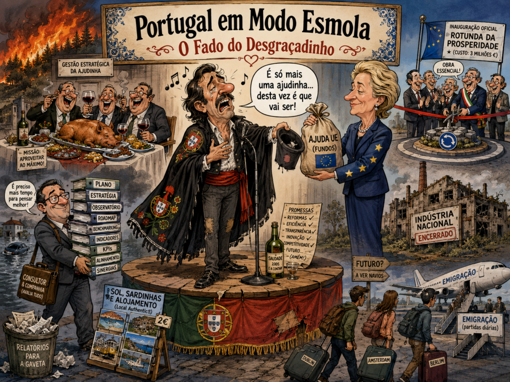 Ilustração editorial: Portugal em Modo Esmola: tragicomédia nacional em vários actos e muitos recibos