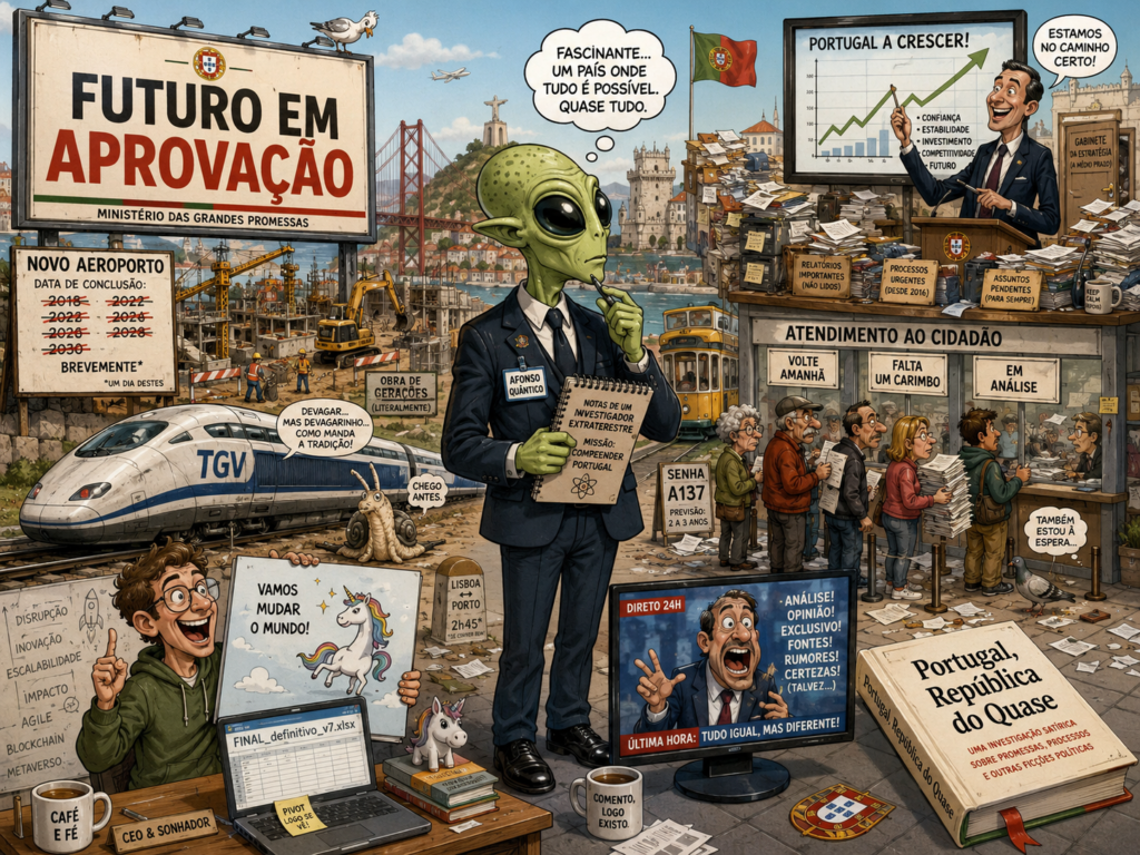 Ilustração editorial: Portugal, República do Quase — nasce uma ficção política sobre o país que quase consegue