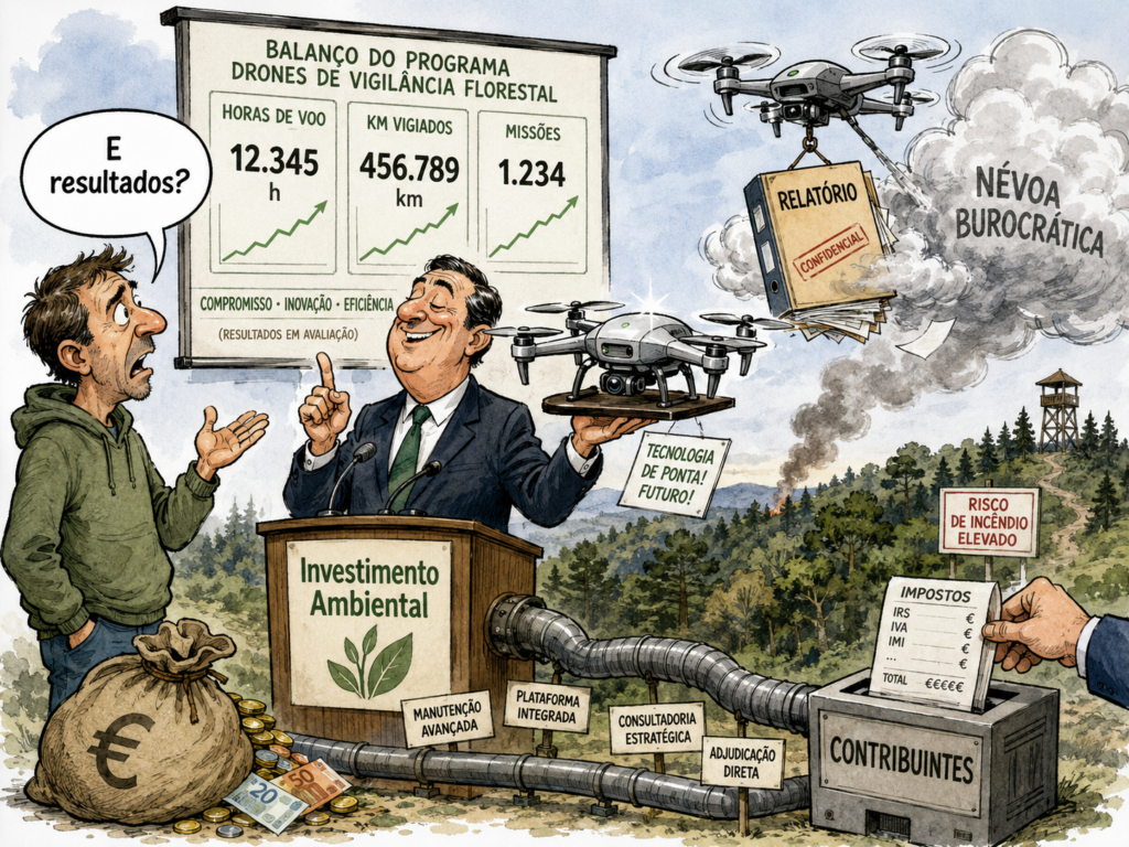 Ilustração editorial: Portugal: O dinheiro voa. Os resultados ficam em terra.